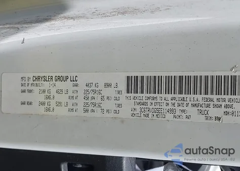 2014 Ram Promaster 2500 High Roof z USA, uszkodzony, nr VIN 3C6TRVDG5EE114993